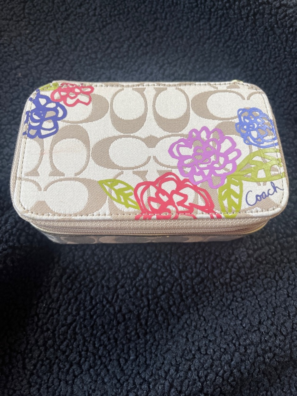 Coach Beige Signature Travel Jewelry Case with Multicolor Floral Print